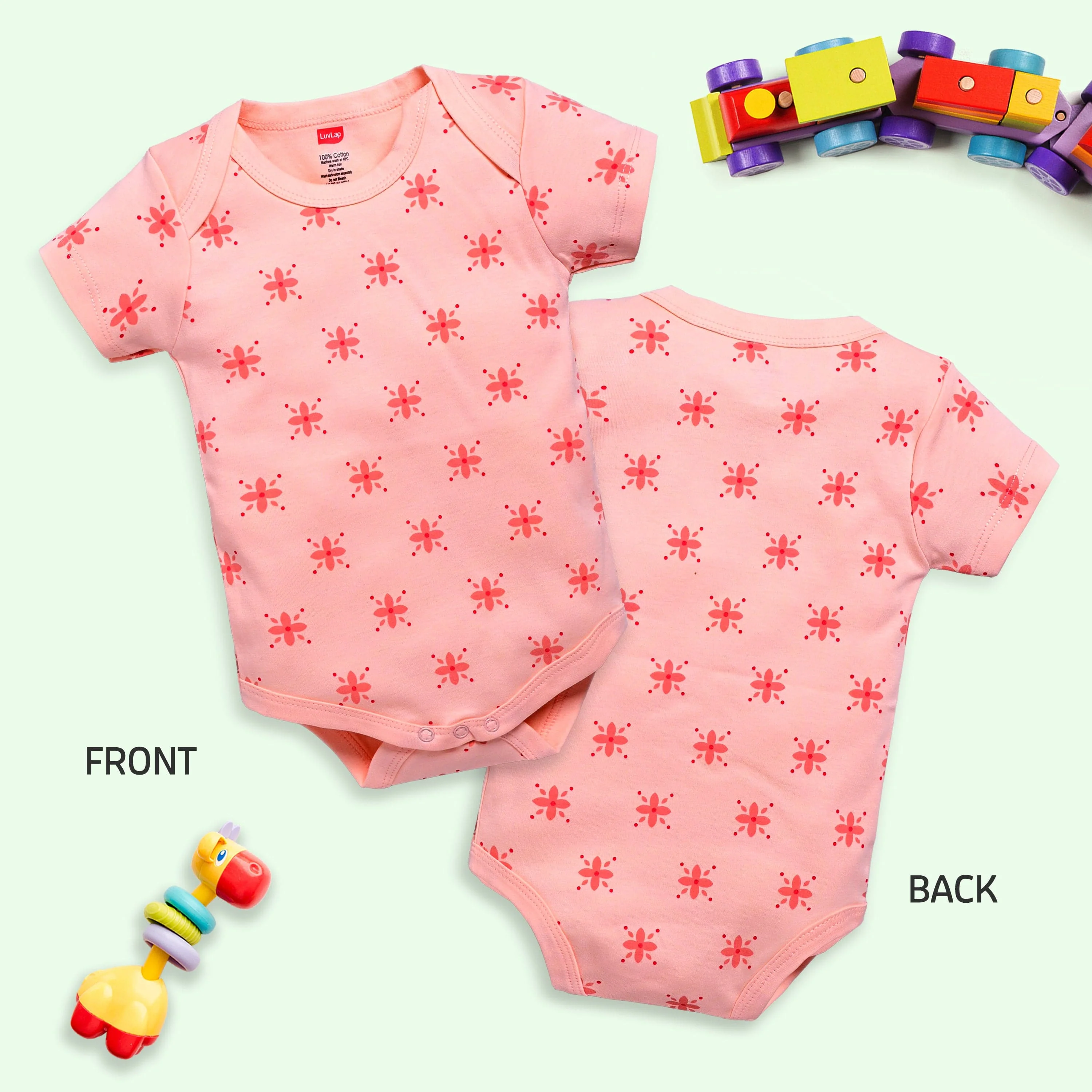 Baby Boys and Girls 100% Cotton Half Sleeve Romper/Bodysuit Pack Of 3, White, Light Peach & Soothing Sea - Image 3