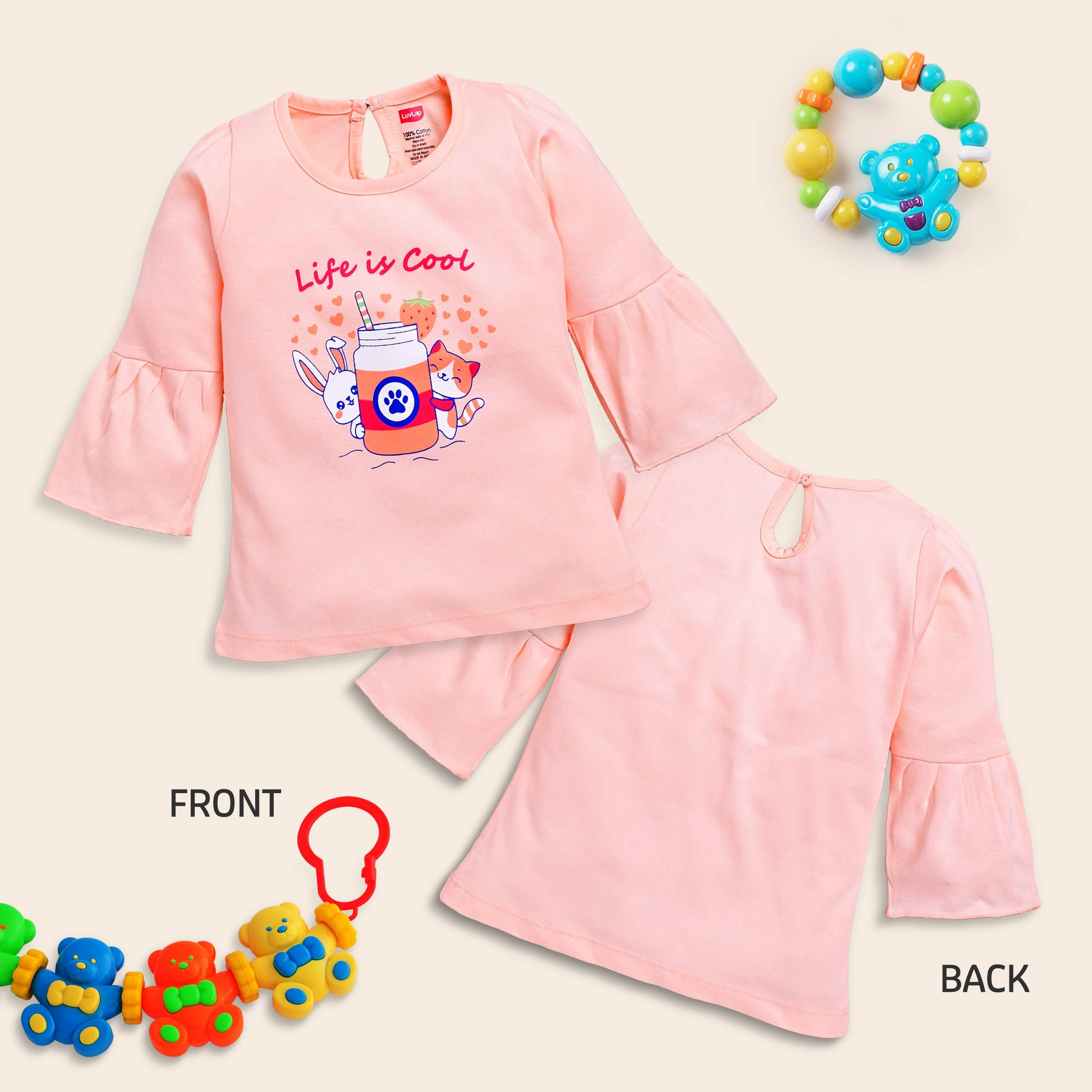 Baby Girls 100% Cotton Full Sleeve Girls Top Pack Of 4, Lt. Peach, Mango, Morning Glory & Sea Green - Image 4