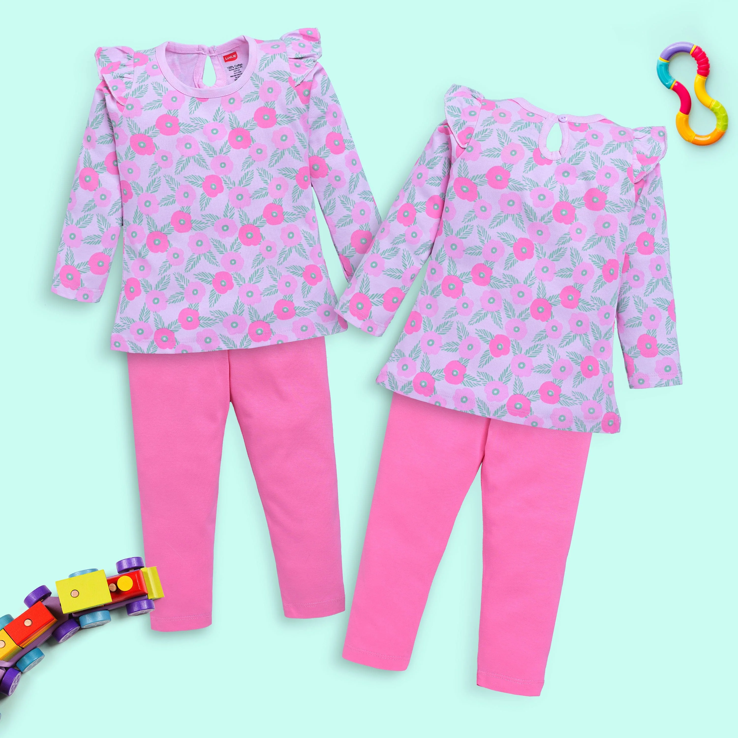 Baby Girls 100% Cotton Full Sleeve Girls Top & Pyjama CoSets Pack Of 3, Baby Pink, Mango & Mint - Image 3