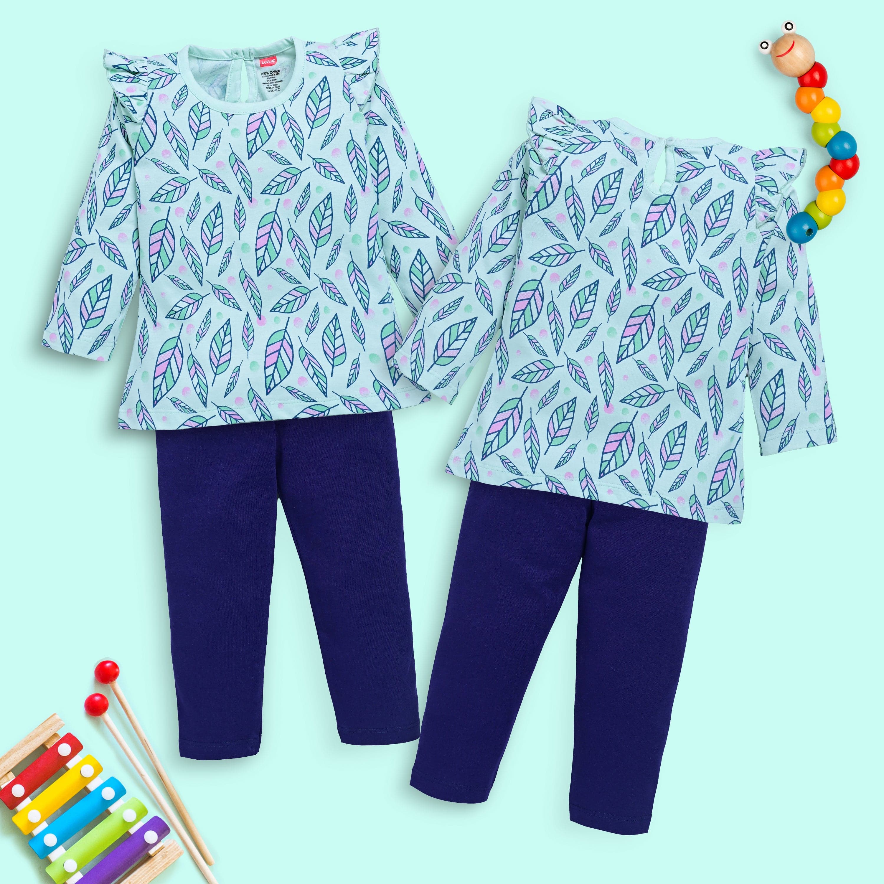 Baby Girls 100% Cotton Full Sleeve Girls Top & Pyjama CoSets Pack Of 3, Baby Pink, Mango & Mint - Image 4