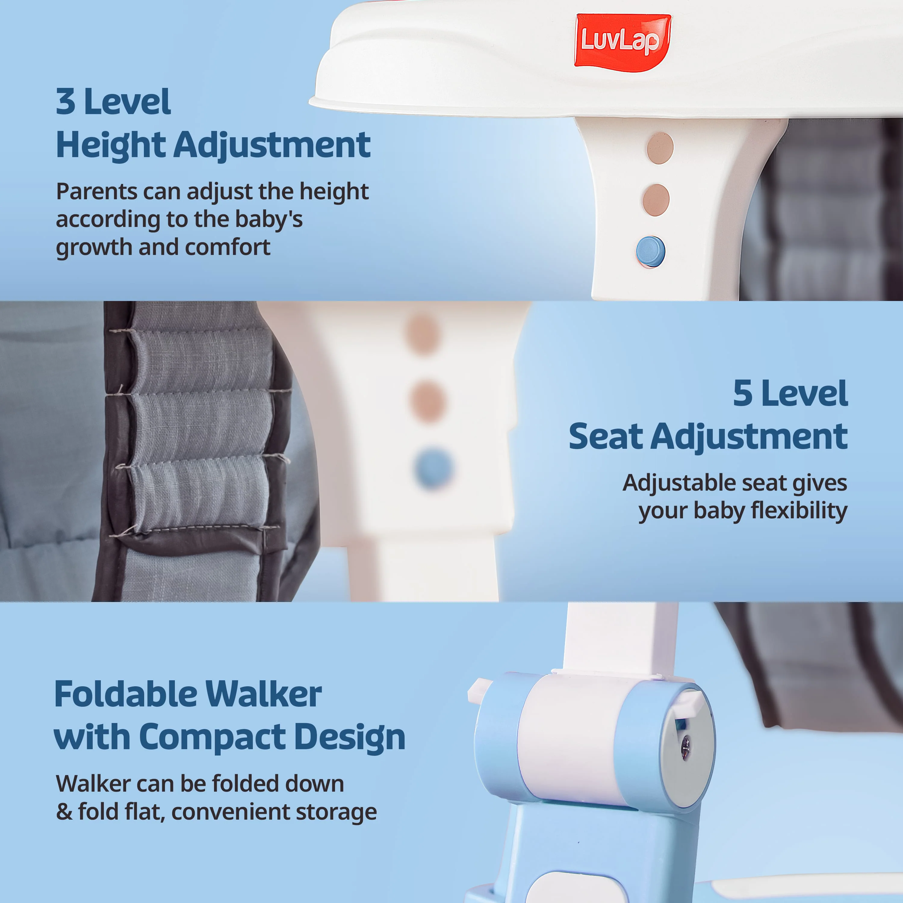LuvLap 360° Joy Baby Walkers for 9+ Months | 3 Level Height Adjustment Walker with Switchable Food & Musical Toy Tray / Advanced Baby Activity Walker for Kids, Walker for Boys & Girls, Blue - Image 3
