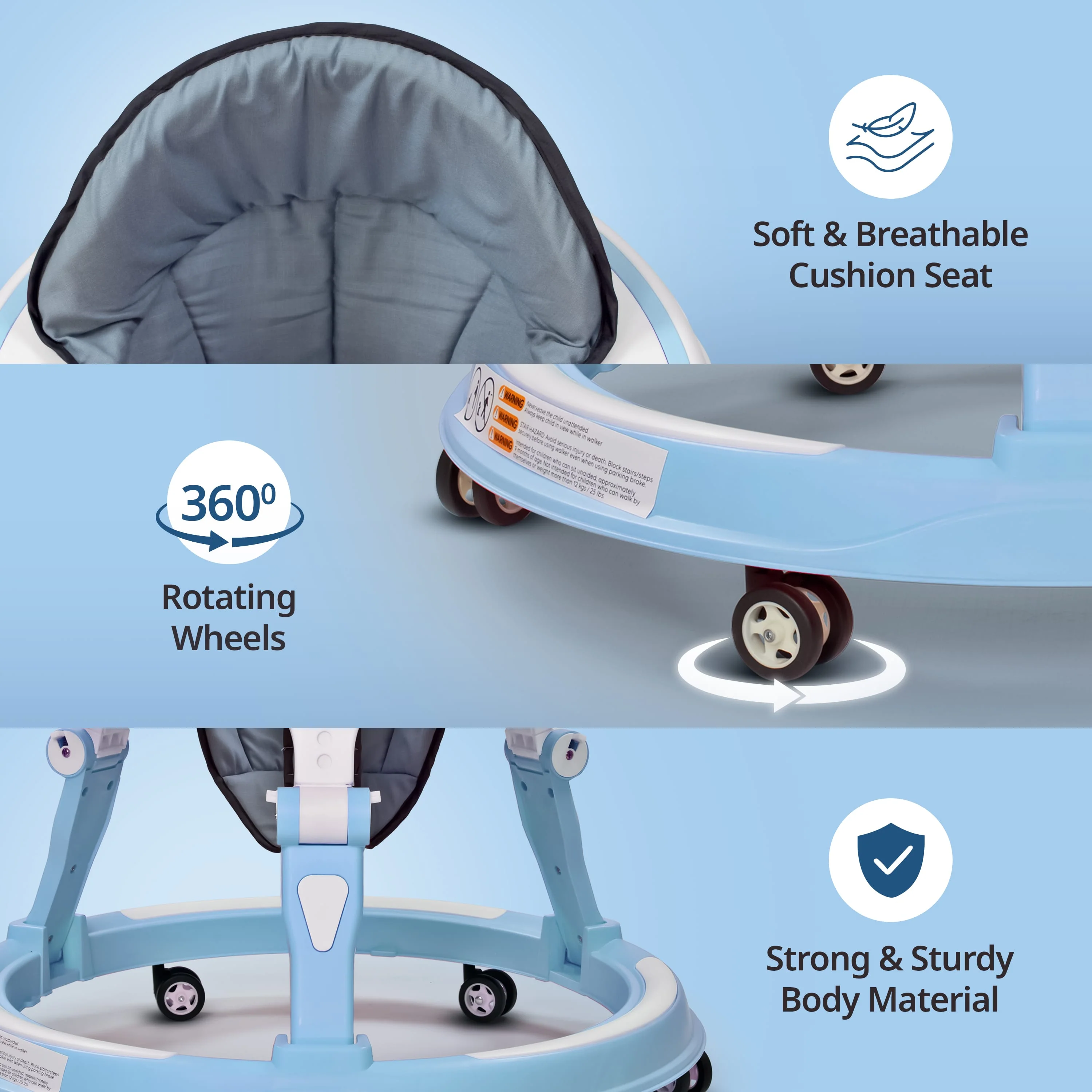 LuvLap 360° Joy Baby Walkers for 9+ Months | 3 Level Height Adjustment Walker with Switchable Food & Musical Toy Tray / Advanced Baby Activity Walker for Kids, Walker for Boys & Girls, Blue - Image 4