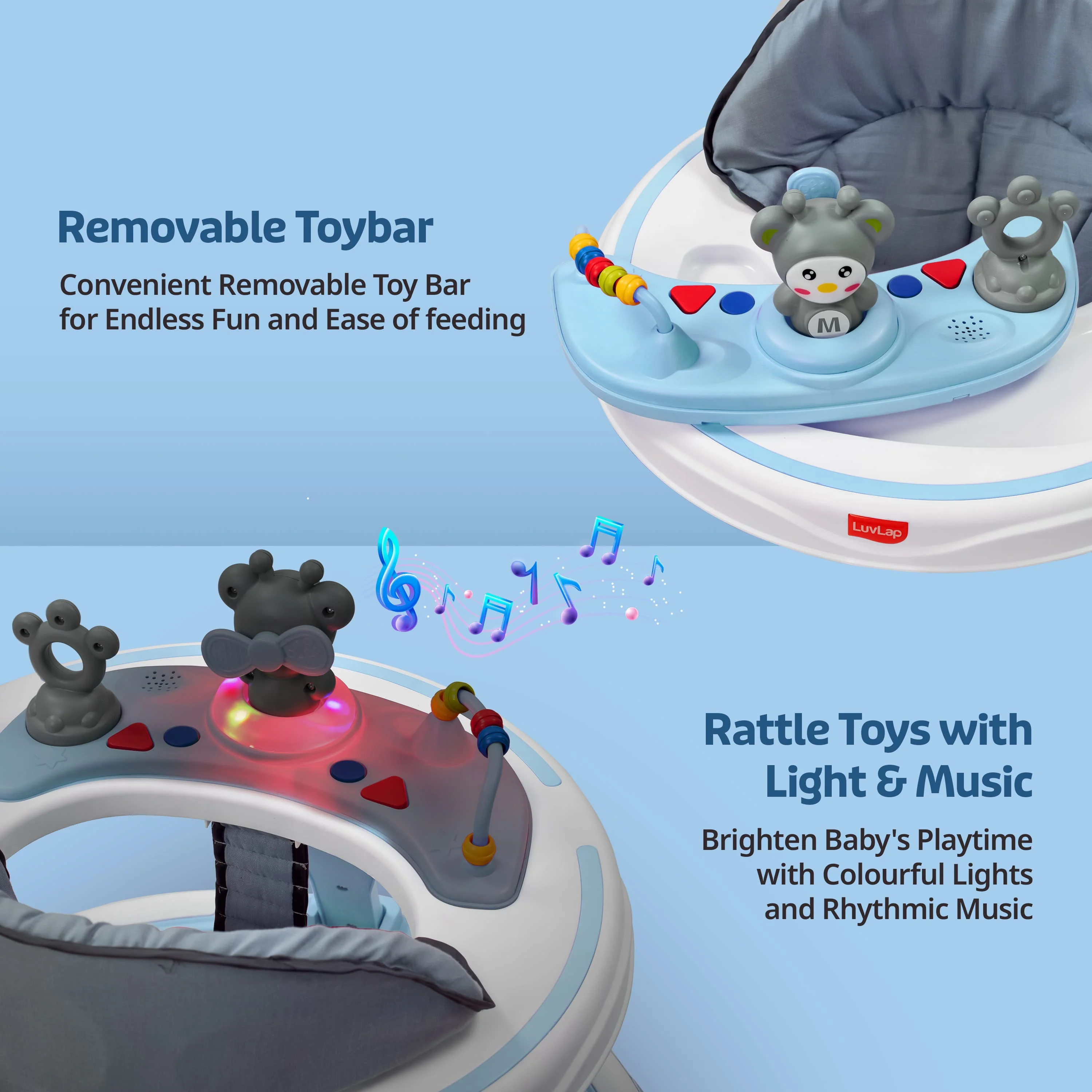 LuvLap 360° Joy Baby Walkers for 9+ Months | 3 Level Height Adjustment Walker with Switchable Food & Musical Toy Tray / Advanced Baby Activity Walker for Kids, Walker for Boys & Girls, Blue - Image 5