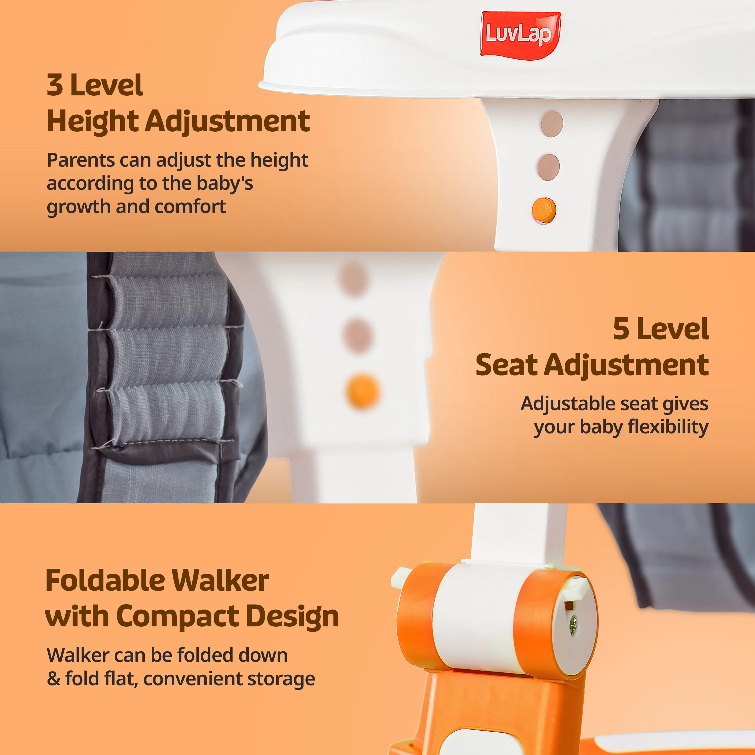 LuvLap 360° Joy Baby Walkers for 9+ Months | 3 Level Height Adjustment Walker with Switchable Food & Musical Toy Tray / Advanced Baby Activity Walker for Kids, Walker for Boys & Girls, Orange - Image 3