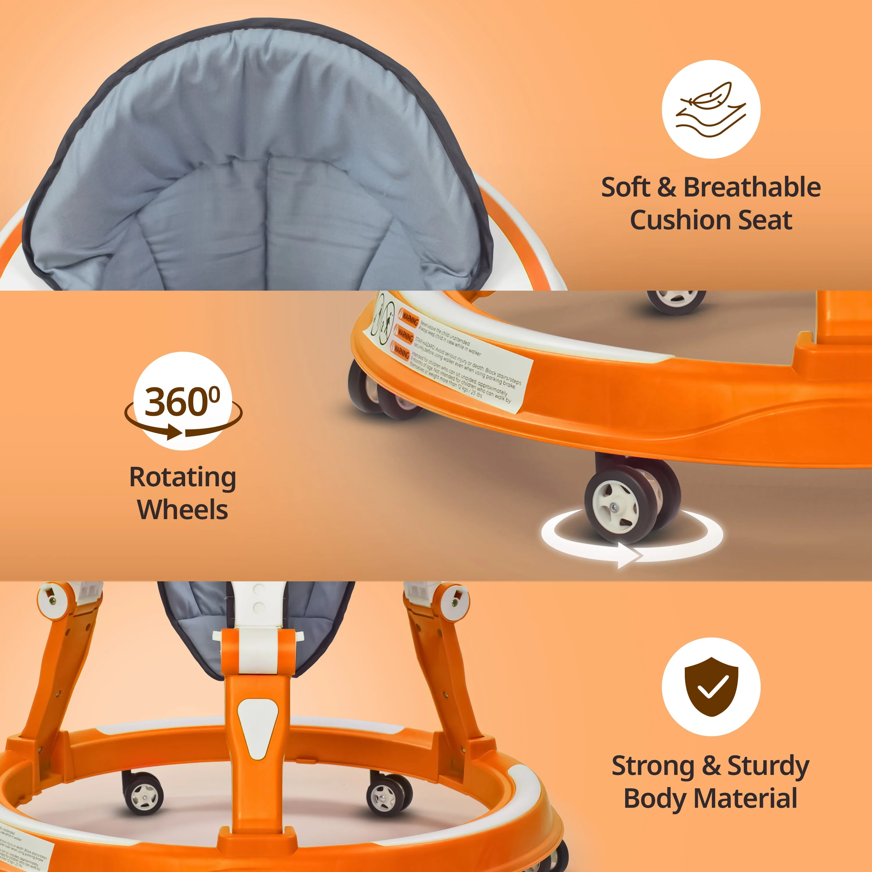 LuvLap 360° Joy Baby Walkers for 9+ Months | 3 Level Height Adjustment Walker with Switchable Food & Musical Toy Tray / Advanced Baby Activity Walker for Kids, Walker for Boys & Girls, Orange - Image 4