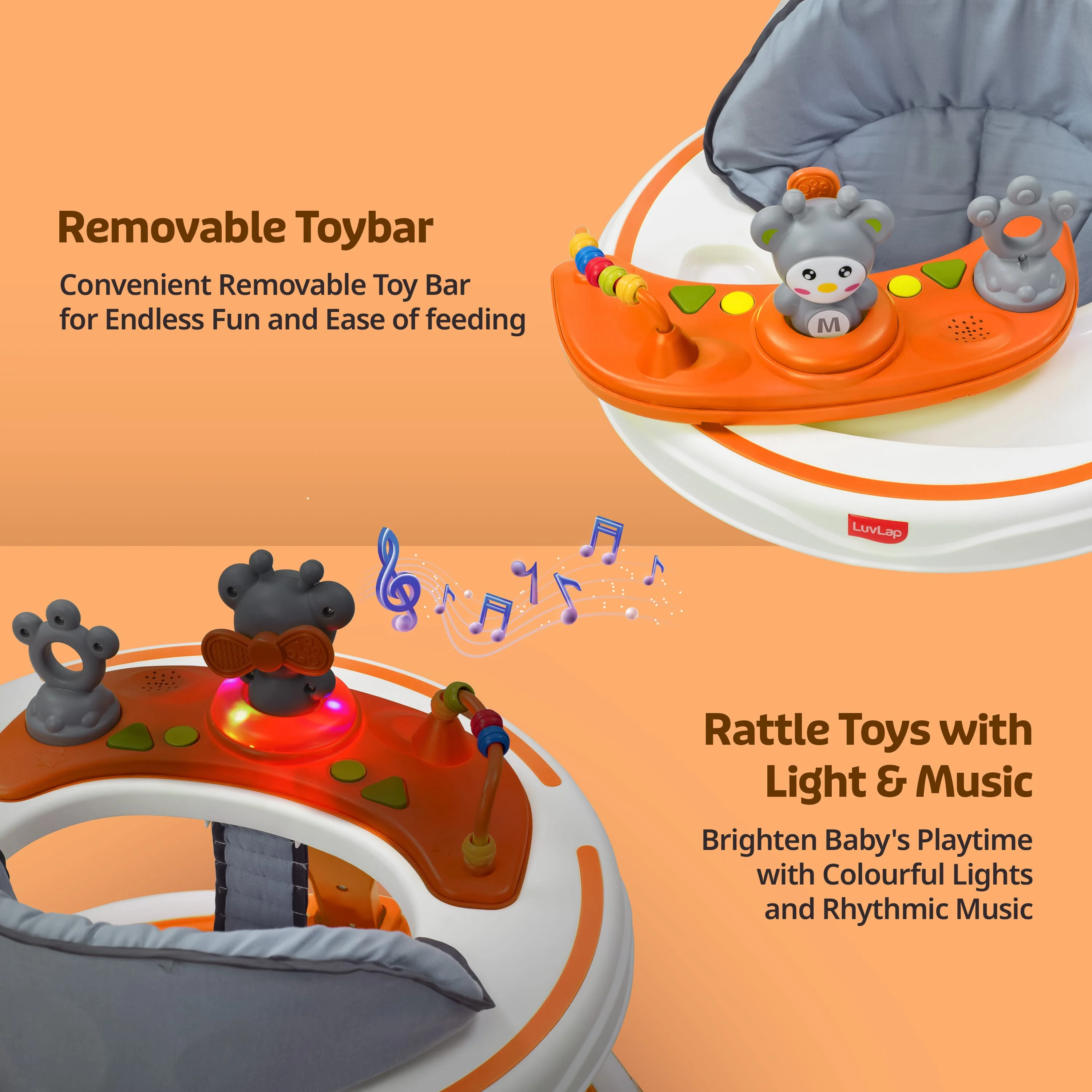 LuvLap 360° Joy Baby Walkers for 9+ Months | 3 Level Height Adjustment Walker with Switchable Food & Musical Toy Tray / Advanced Baby Activity Walker for Kids, Walker for Boys & Girls, Orange - Image 5