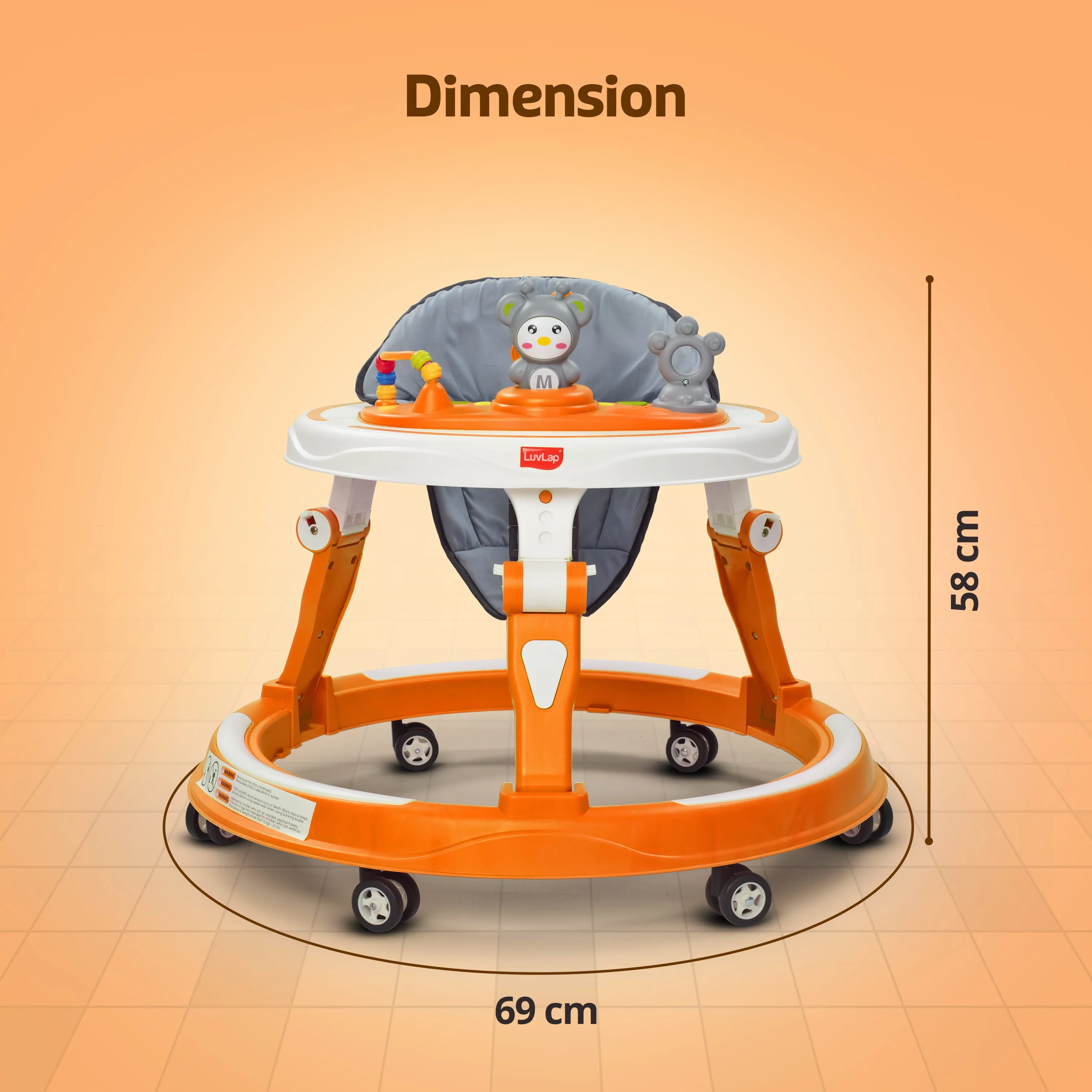 LuvLap 360° Joy Baby Walkers for 9+ Months | 3 Level Height Adjustment Walker with Switchable Food & Musical Toy Tray / Advanced Baby Activity Walker for Kids, Walker for Boys & Girls, Orange - Image 8