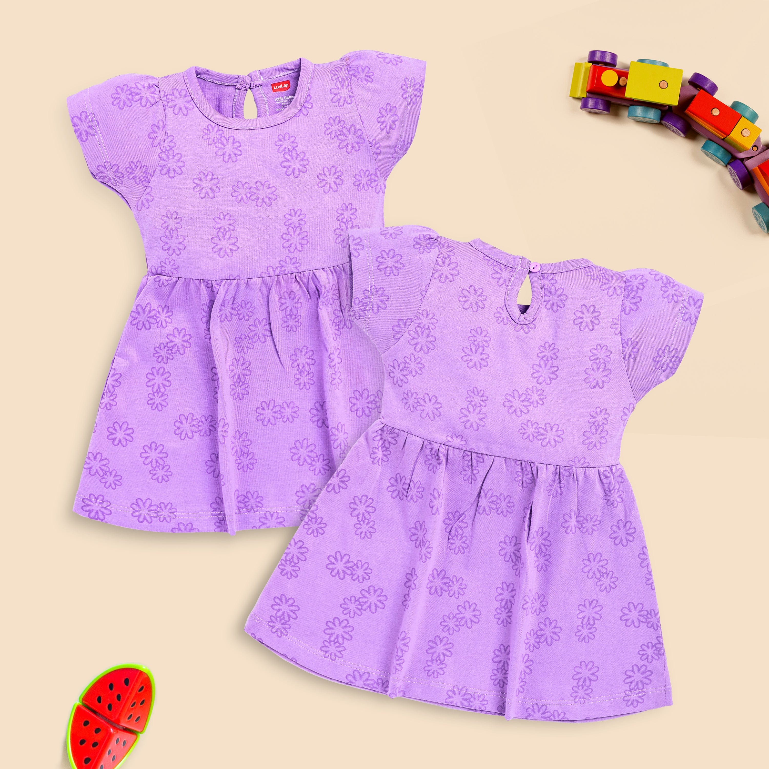 Baby Girls Pack Of 3 Half Sleeve Frock 100% Cotton - Image 3