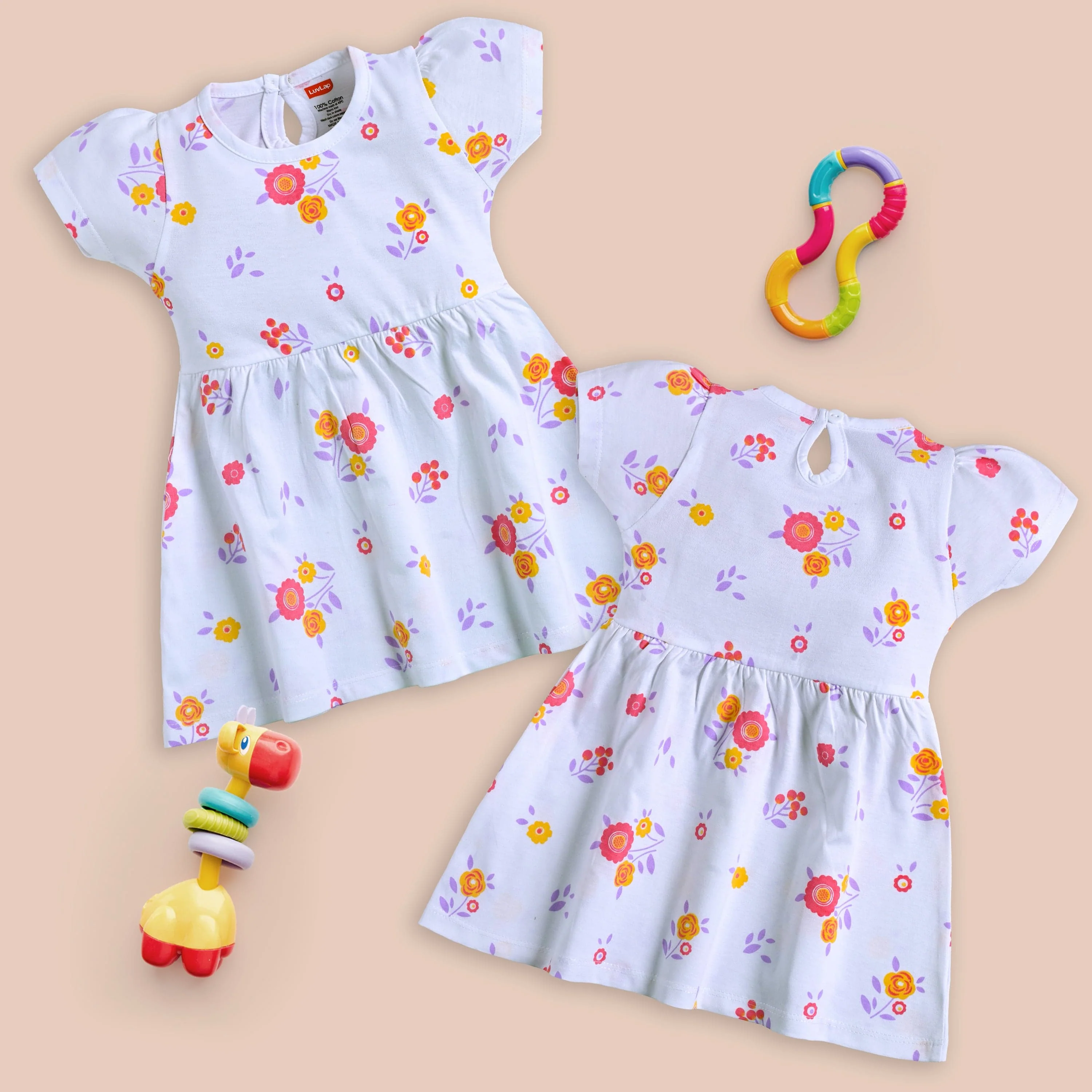 Baby Girls Pack Of 3 Half Sleeve Frock 100% Cotton - Image 3