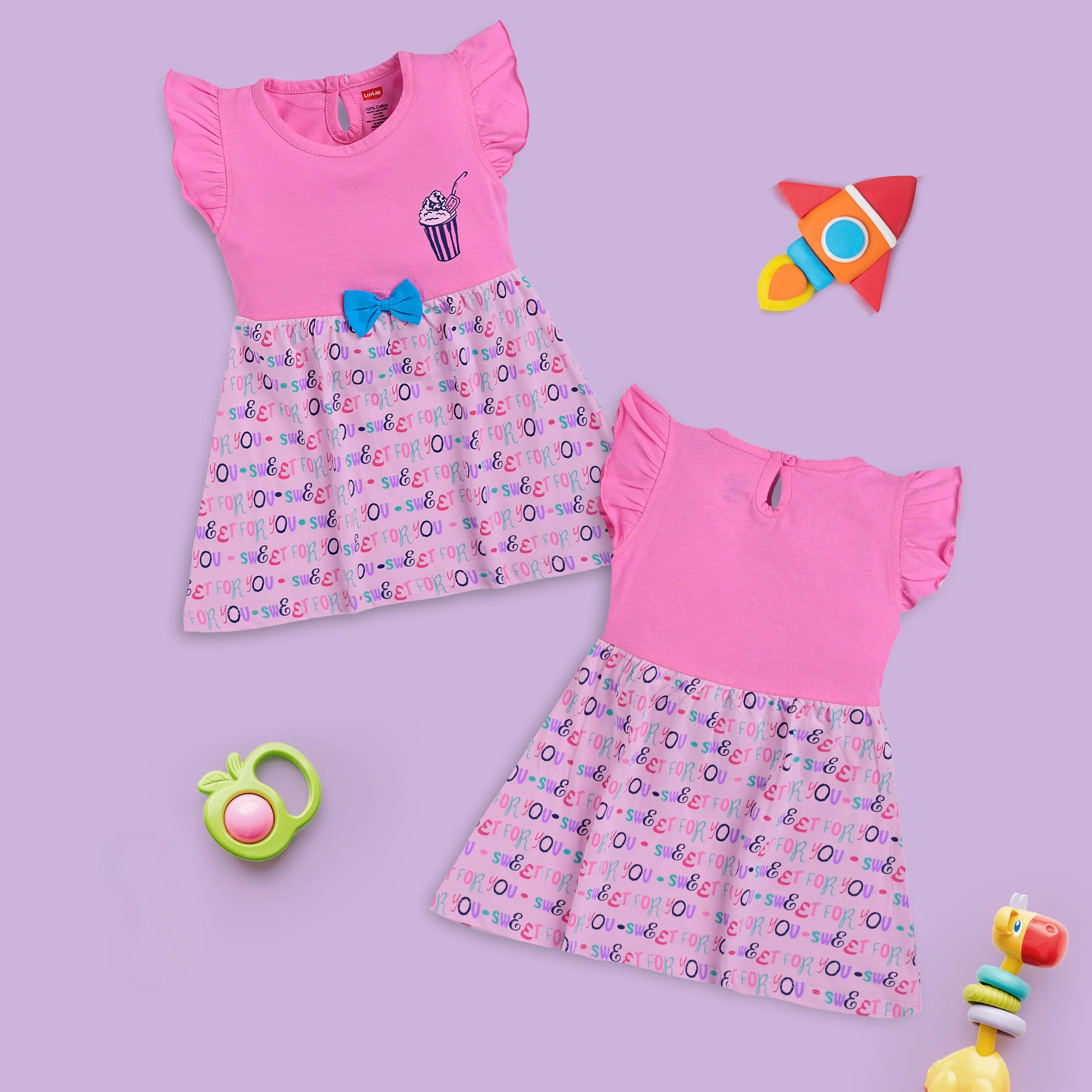 Baby Girls Pack Of 3 Half Sleeve Frock 100% Cotton - Image 3